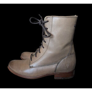 Frye Melissa Mocha Light Brown Lace Up Side Zip Leather Ankle Boots Sz 6 Combat